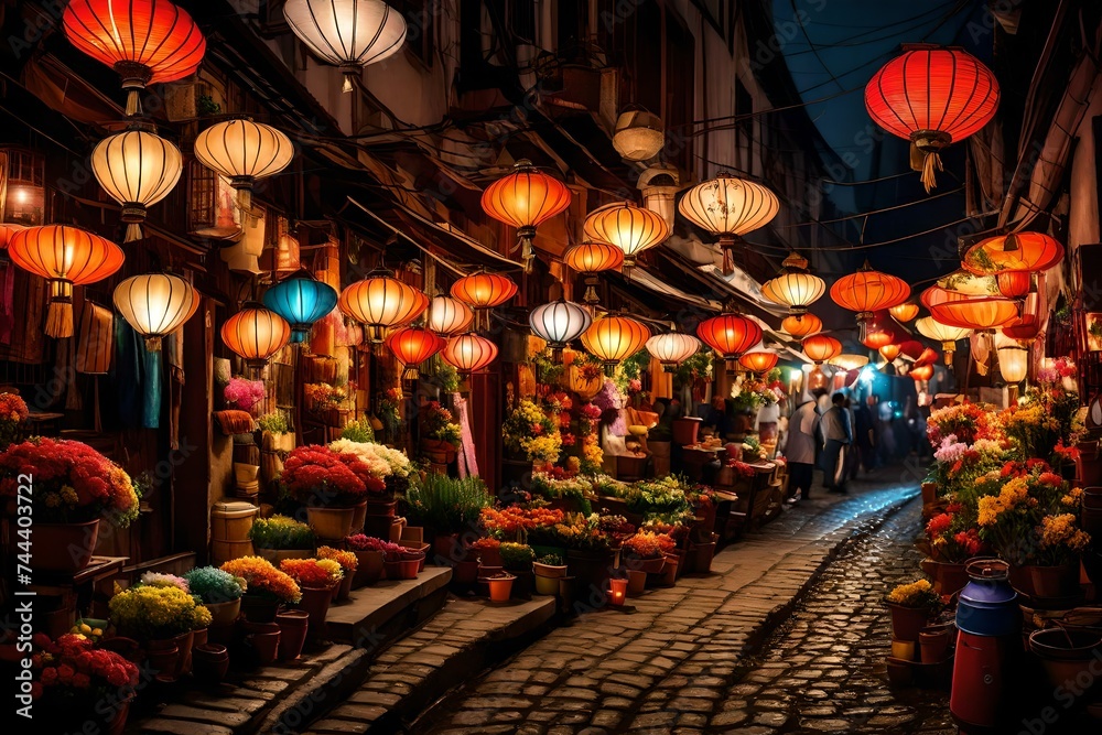 A flower market in an alley at night with pretty lanterns A flower market in an alley at night with pretty lanterns
