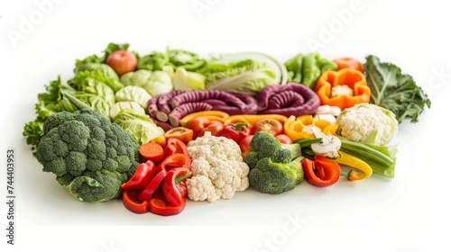 healthy vegetables in the shape of a human intestine  white background  copy space  16 9
