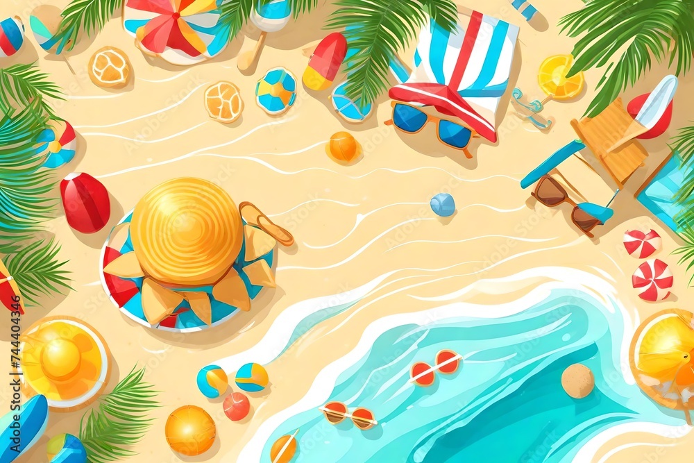 beach product summer background illustration vacation sun, sand pool, travel holiday beach product summer background