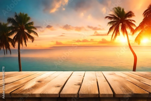 Empty wooden table top product display showcase stage. Tropical summer sunset beach bar background