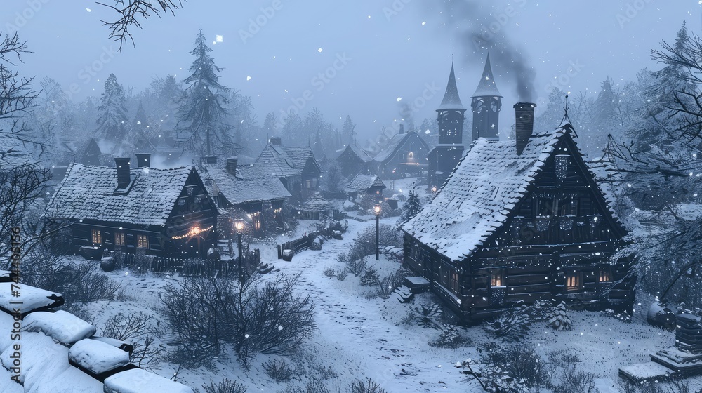 charming village nestled in a valley, its rooftops and streets blanketed in a thick layer of snow. Smoke rises gently from chimneys
