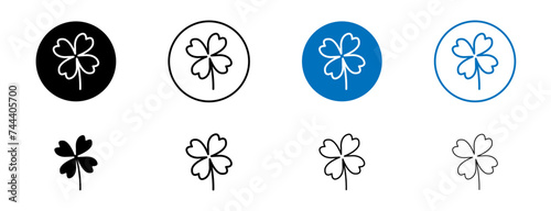 Four Leaf Clover Line Icon Set. Lucky Shamrock Heart Shape Leaf Symbol in Black and Blue Color.