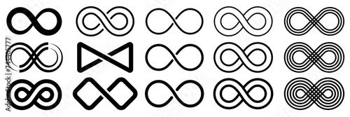 Infinity symbol. Vector logos set. Black contours of different shapes, thickness and style isolated on white. Symbol of repetition and unlimited cyclicity.