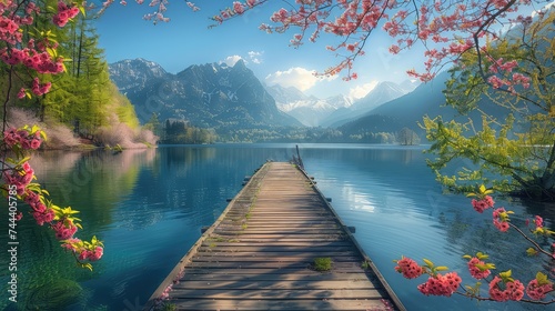 the edge of a tranquil lake nestled amidst towering mountains and lush spring foliage