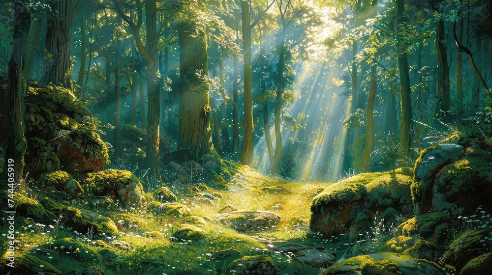 secluded forest glade bathed in dappled sunlight filtering through the canopy of budding trees. Moss-covered rocks dot the forest floor, surrounded by a carpet of fresh green ferns and delicate woodla - obrazy, fototapety, plakaty 