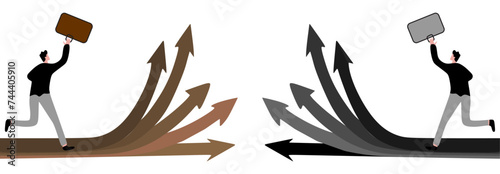 Career decision, choosing direction choices for future opportunity, different path to success, decide or progress options for career growth concept, businessman running to different arrow pathway.