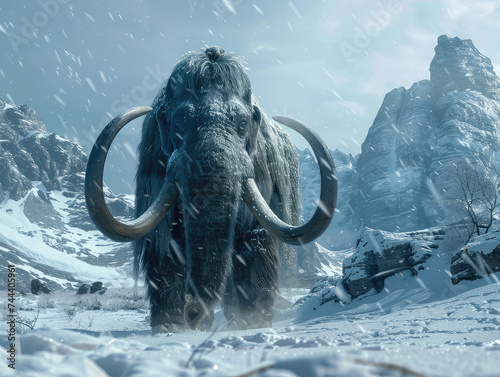 Prehistoric wooly mammoth in the blistering snow