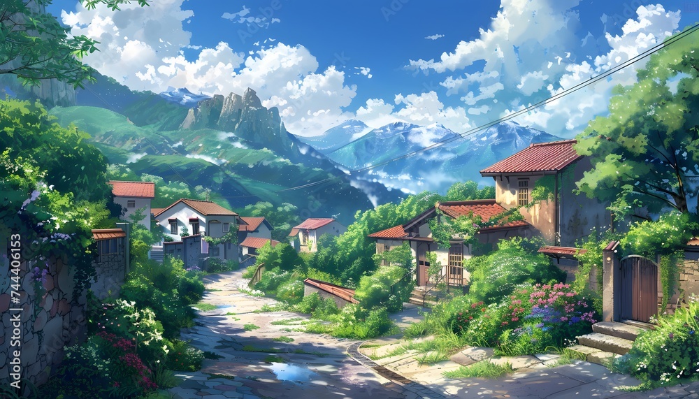 Village house with Mountain view, fantasy style, painting style, generated by AI