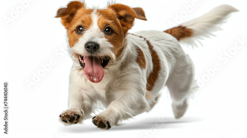 Playful dog chasing its tail with wagging tongue out.