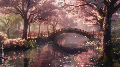 Japanese garden adorned with delicate cherry blossoms in full bloom