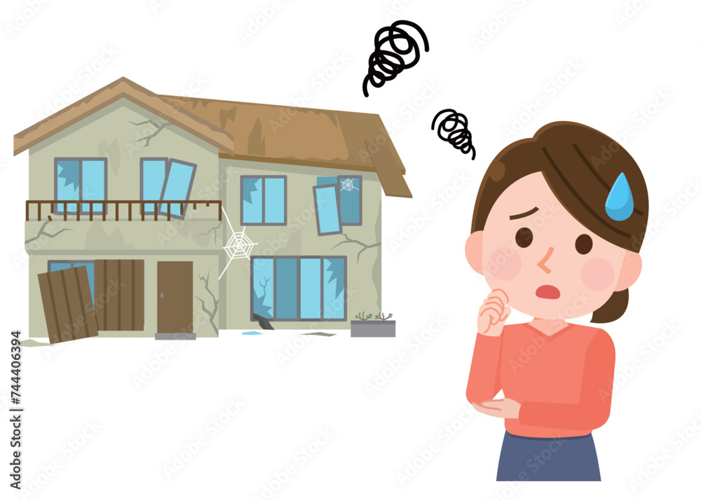 廃墟化した家に困る女性 イラスト 廃墟化した家に困る女性 イラスト
