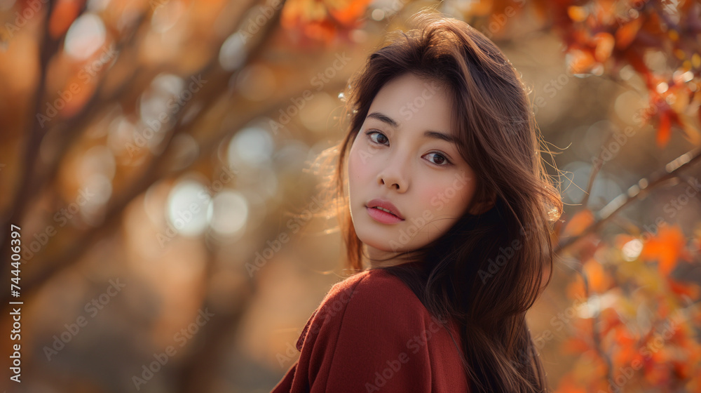 A young woman with soft, expressive eyes looks over her shoulder amidst a backdrop of autumn leaves.
A young woman with soft, expressive eyes looks over her shoulder amidst a backdrop of autumn leaves.