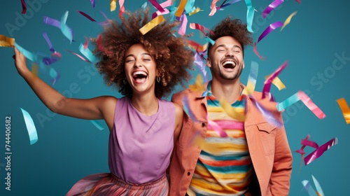 A happy, excited multiethnic couple, a woman and a man jump, hug, rejoice at victory, Gifts, Lottery winnings, Sales and discounts in stores, look at the camera on a blue background with confetti.