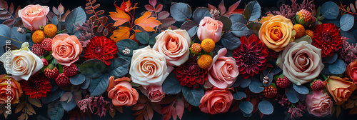 Fall flower arrangement on a pale background , flowers are in shape of bouquet