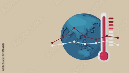 An image of a rapid rise in average temperature. There is the earth, a thermometer, and a graph.