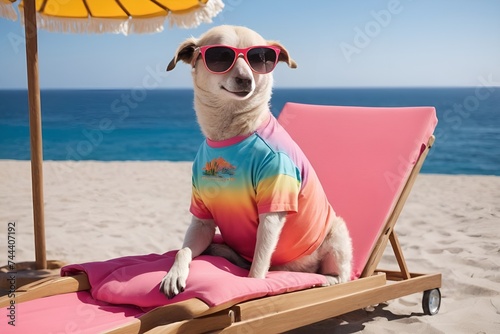dog living room in a bright colored T-shirt and sunglasses rests on a sun lounger near sea  © Эля Эля