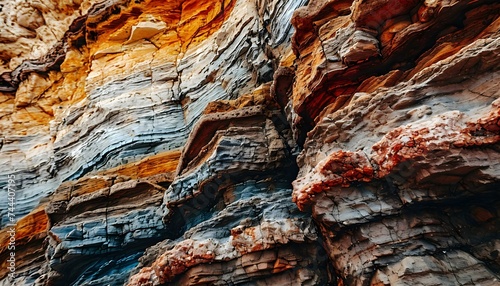 a close up of a rock face with red and blue colors