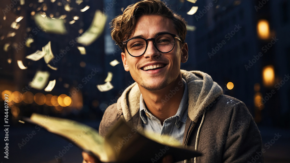 young man in glasses looking happy at notebook with dollars falling from the sky - obrazy, fototapety, plakaty 