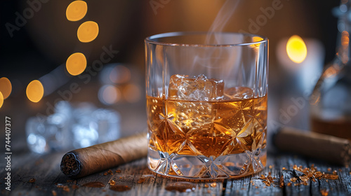 Whiskey on ice with bottle and cigar, surrounded by festive lanterns and vibrant decorations, capturing the joyous spirit of Lunar New Year celebrations, Generative Ai.