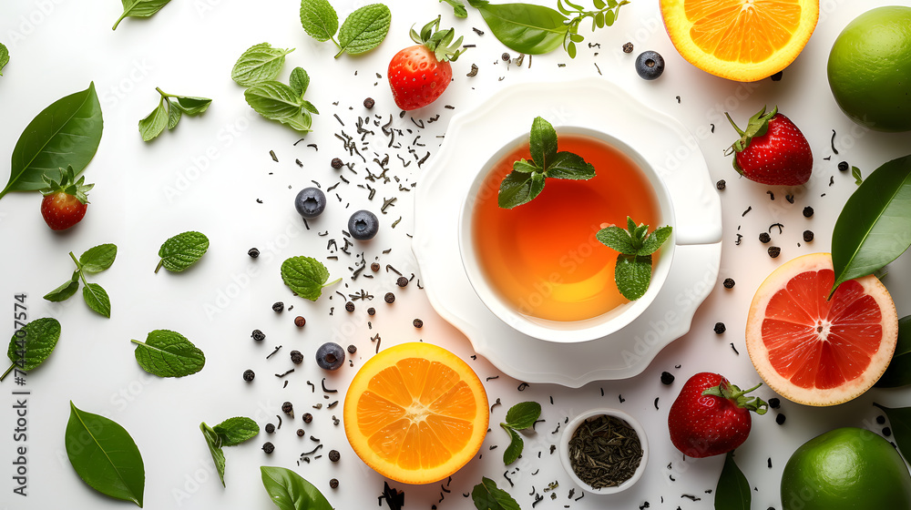 tea surrounded by various fruits such as blood oranges, lemons, limes, and berries. tea surrounded by various fruits such as blood oranges, lemons, limes, and berries.