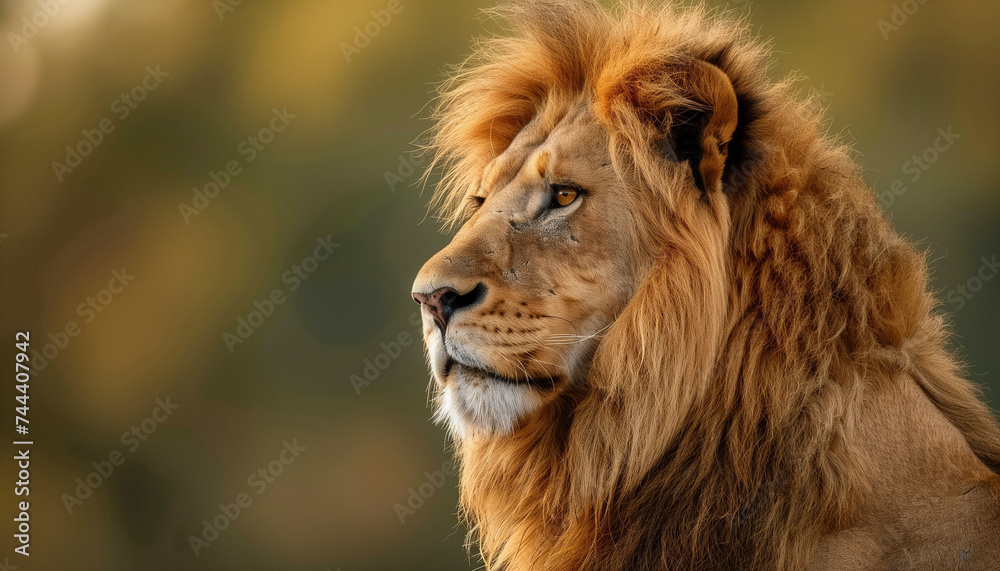 a lion in profile, with a regal mane, set against a bokeh background a lion in profile, with a regal mane, set against a bokeh background