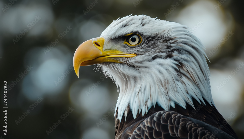 a close-up portrait of a bald eagle, showing its intense gaze, sharp yellow beak, and detailed white and brown feather plumage, with a bokeh background