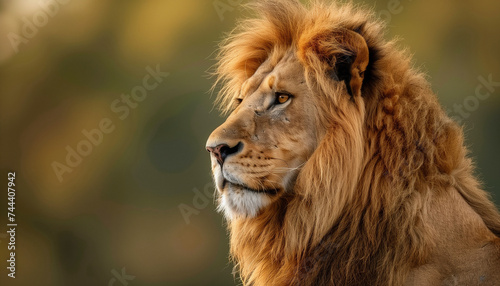 a lion in profile  with a regal mane  set against a bokeh background