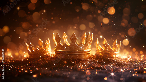 Three Gold Shiny Crowns on Festive Background, Royal Luxury Concept with Elegant Gold Crowns, Regal Decorations for Celebration, Majestic Ornamentation, Generative AI

