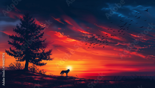 digital illustration of a sunset with vibrant red and orange hues, silhouetting a lone fox and a tree on a hill with a flock of birds in flight