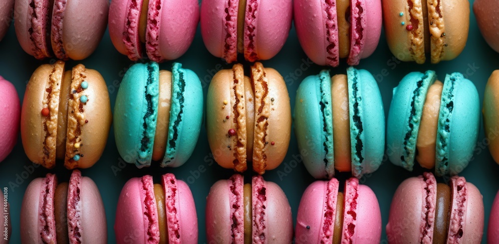 Colorful macaroons are seen lined up, showcasing a tondo effect and colors of light cyan, bronze, light magenta, and dark green.