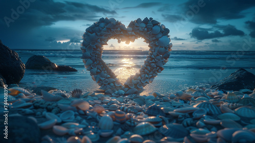 A surreal moonlit beach, with seashells arranged to create an intricate heart, offering a dreamy Valentine's setting. © memoona