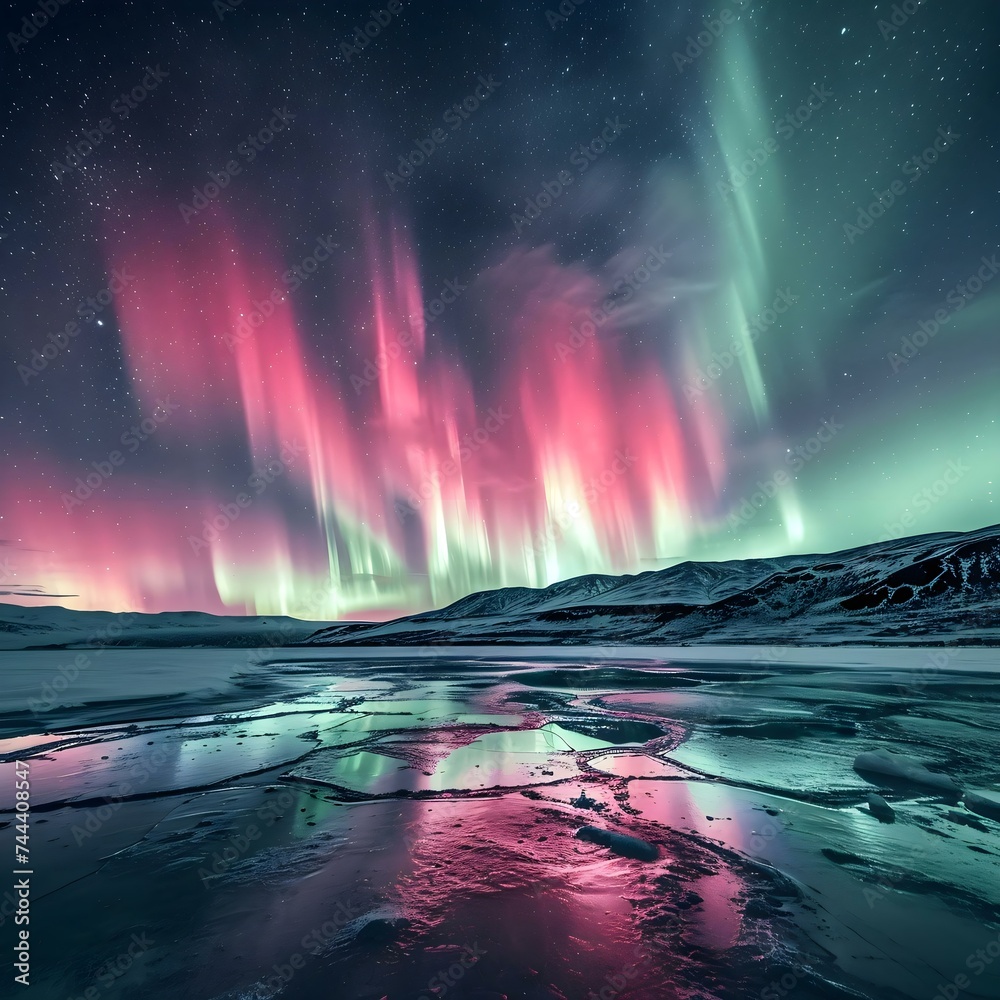 the aurora lights shine brightly over a frozen lake