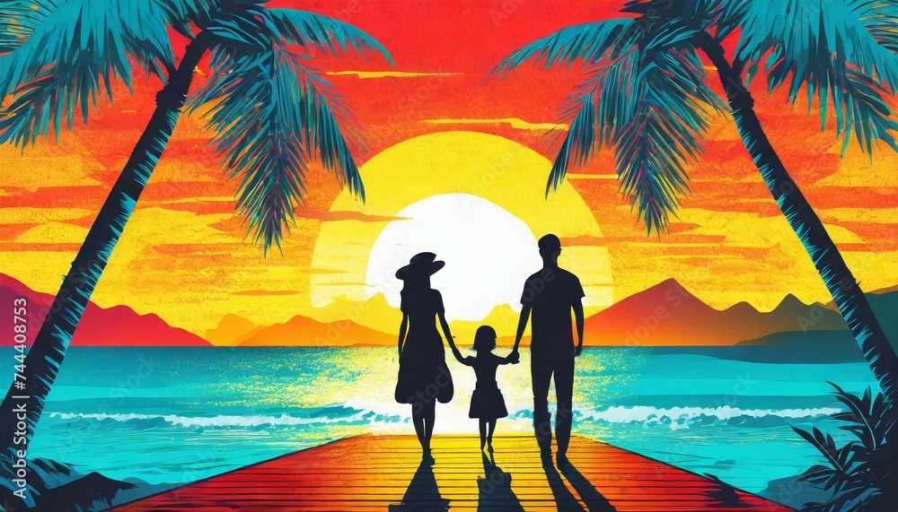 Illustration of a family watching the sunset over the sea