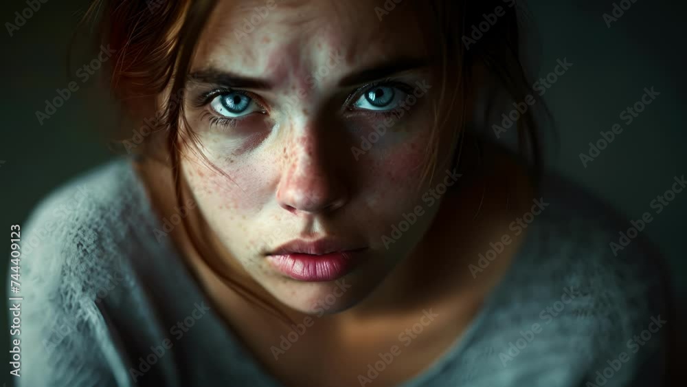 A young woman with a lip and a look of despair unable to hide the signs of abuse, female With Blue Eyes Staring at the Camera A young woman with a lip and a look of despair unable to hide the signs of abuse, female With Blue Eyes Staring at the Camera