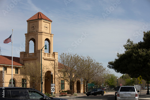 Tracy, California, USA - April 17, 2023: Afternoon sun shines on the historic downtown Train Station. photo