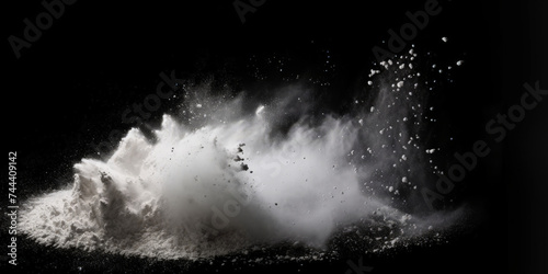 a white splash painting on black background, white powder dust paint red explosion explode burst isolated splatter abstract. white smoke or fog particles explosive special effect