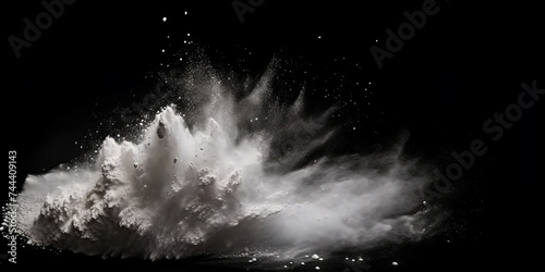 a white splash painting on black background, white powder dust paint red explosion explode burst isolated splatter abstract. white smoke or fog particles explosive special effect
