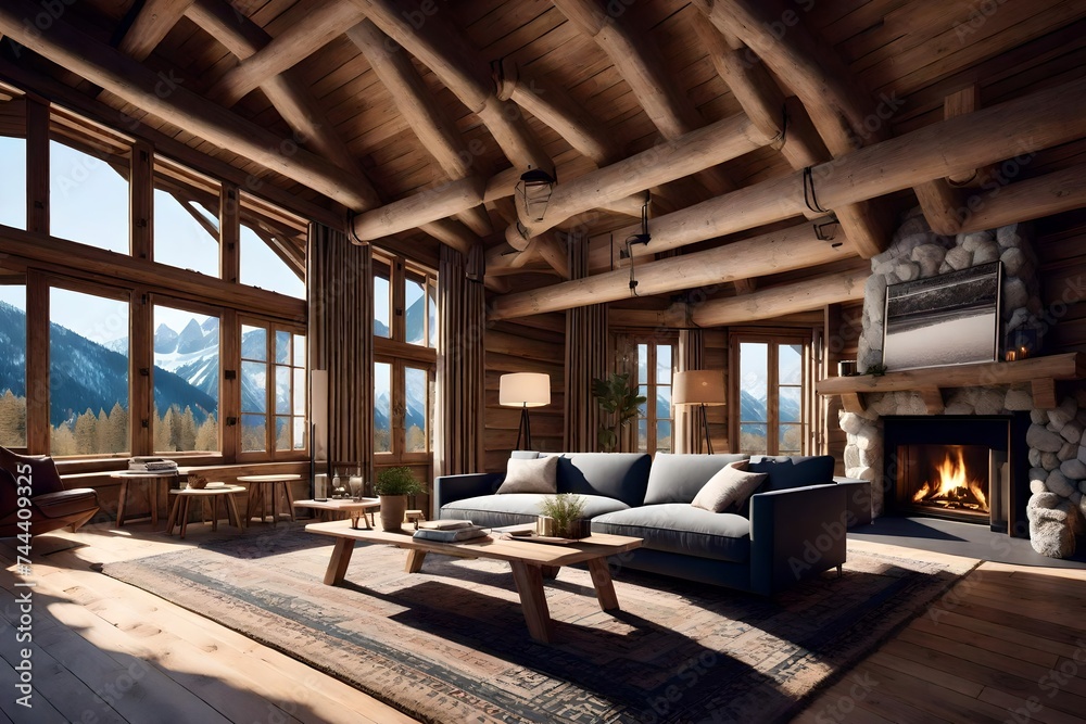 Wooden home interior in the Alps, cosy shalet high in the mountains, rustic style living room, AI generative realistic illustraion