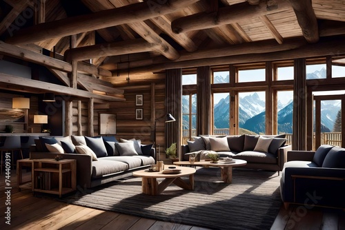 Wooden home interior in the Alps, cosy shalet high in the mountains, rustic style living room, AI generative realistic illustraion © MISHAL