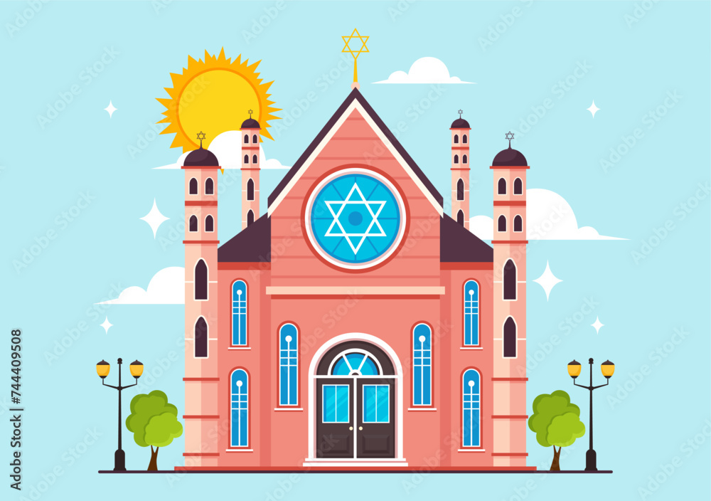 Synagogue Building or Jewish Temple Vector Illustration with Religious, Hebrew or Judaism and Jew Worship Place in Flat cartoon Background