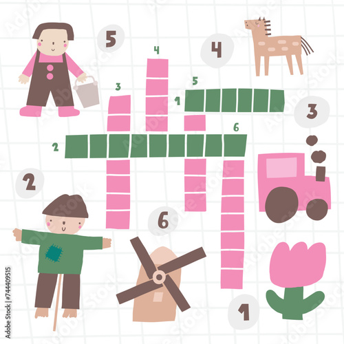 Crossword game for kids. Cute hand drawn doodle funny village, ranch, rural puzzle with farmer, scarecrow, mill, horse. Educational worksheet, mind task, riddle, strategy quiz, mental teaser