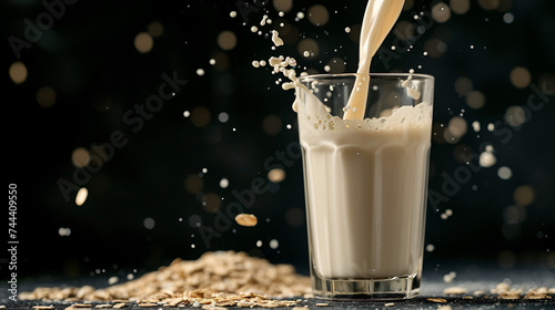 Pouring Oat Milk into Glass on Black Background and Oat Grains  Healthy Drink Concept  Generative Ai
