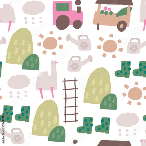 Cute farm, village, countryside theme seamless pattern. Funny hand drawn doodle repeatable pattern with goose, hay, rubber boots, cloud, sun, tractor. Rural life background with farm animals