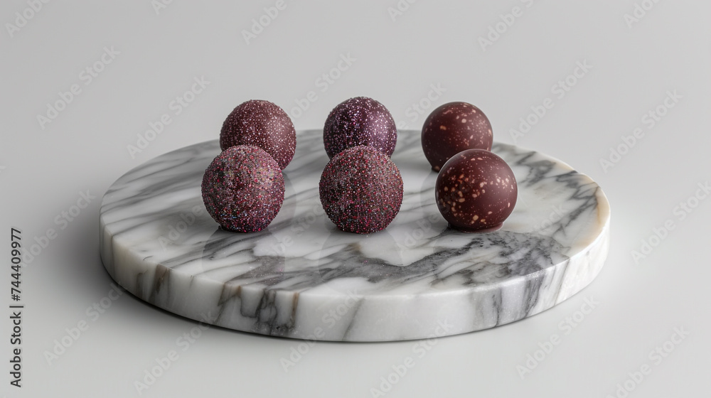 Artisanal chocolate truffles, arranged like edible jewels on a polished marble platter, inviting indulgence and passion.