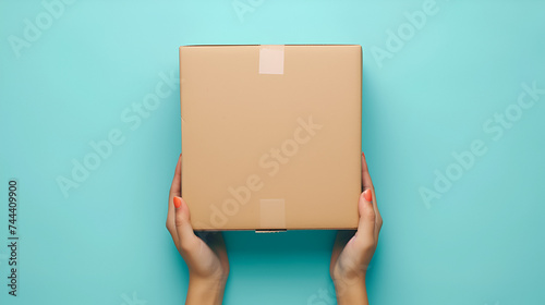 Top View to Female Hand Holding Brown Cardboard Box on Wooden Table, Package Delivery and Generative Ai
