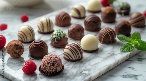 Artisanal chocolate truffles, arranged like edible jewels on a polished marble platter, inviting indulgence and passion.