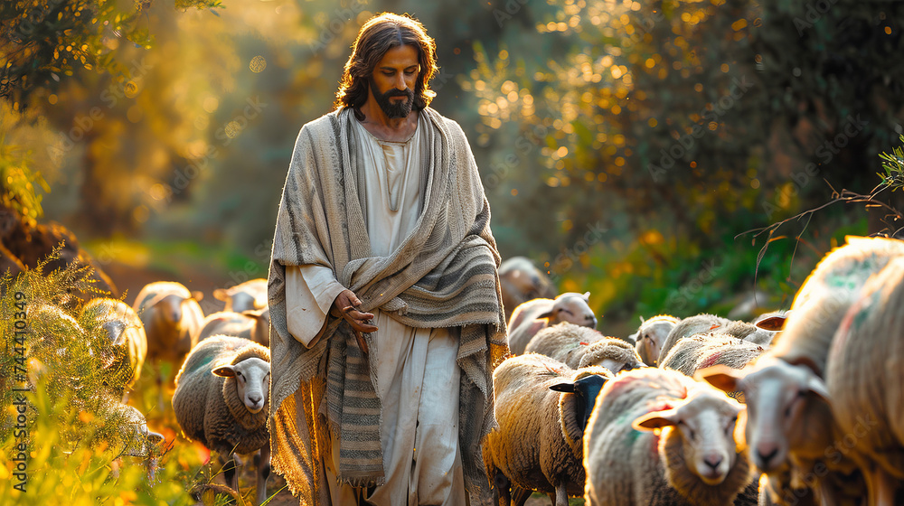 Bible shepherd and his flock of sheep in an Olive Grove. Stock Photo ...