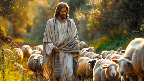 Bible shepherd and his flock of sheep in an Olive Grove. photo