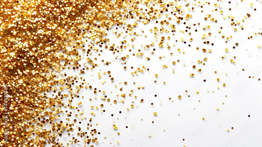 Gold glitter sprinkle flat lay white background, Golden glitter or shimmer on white Background, Generative Ai 