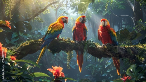 Dense jungle with colorful birds